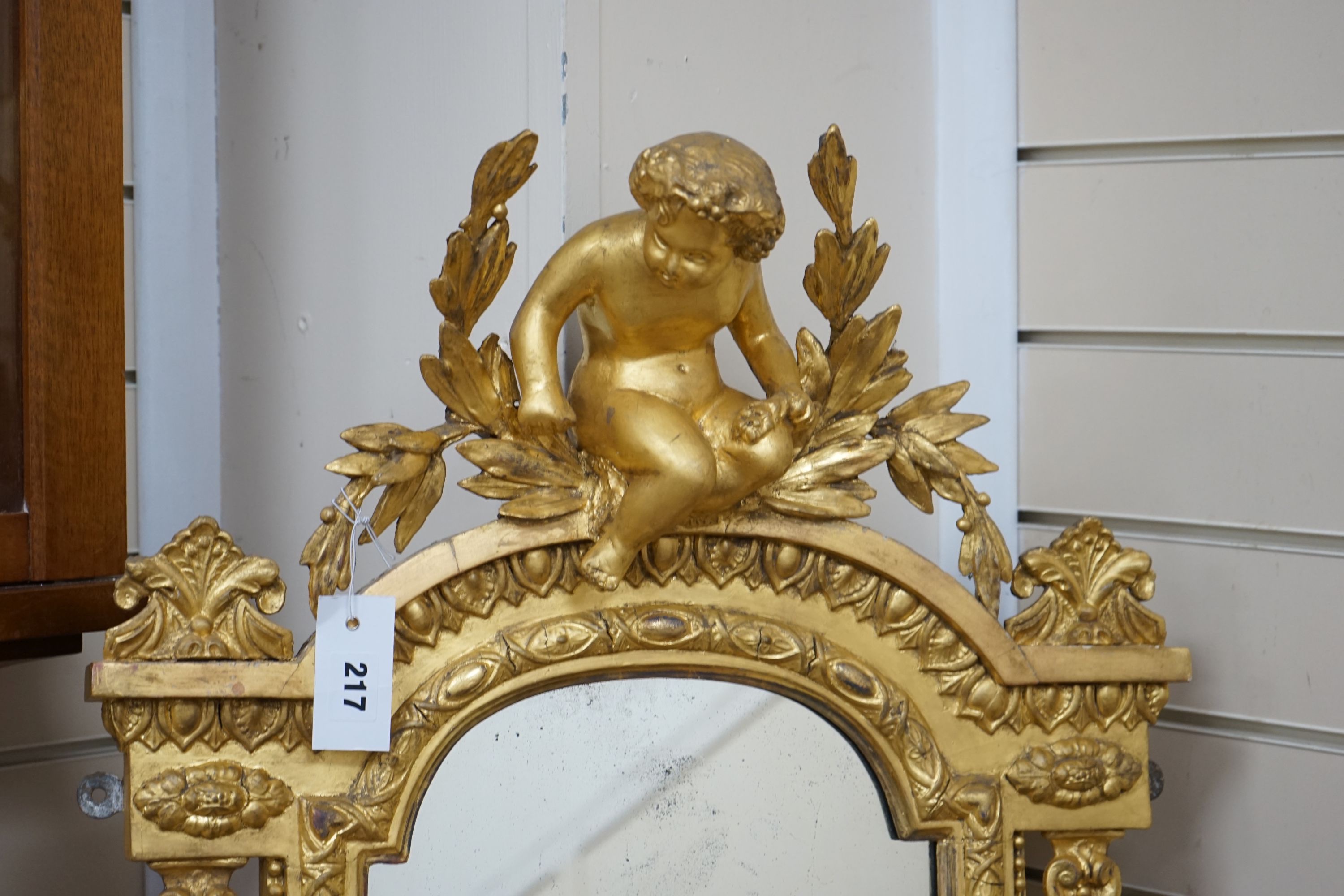 A 19th century giltwood and gesso girandole pier glass, width 54cm height approx. 155cm